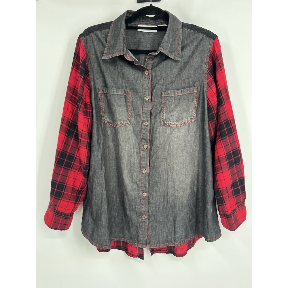 Women XL Plaid Black Denim Lace Tunic Button Up Shirt Concert Cowgirl Festival